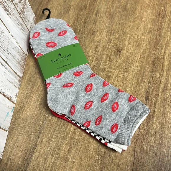 Kate Spade NEW crew knit mc polka dot logo stripe lip kiss print short socks - Picture 2 of 5